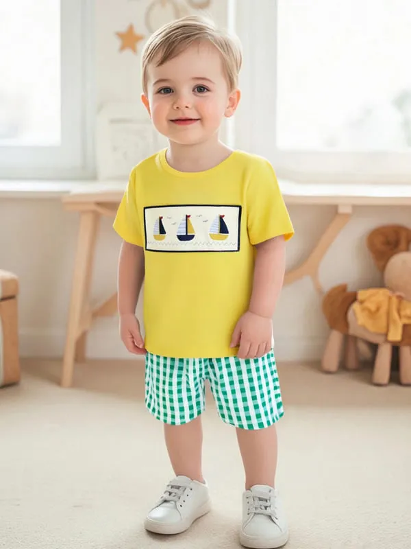 Boat Embroidery Tee & Plaid Shorts for Baby Boy